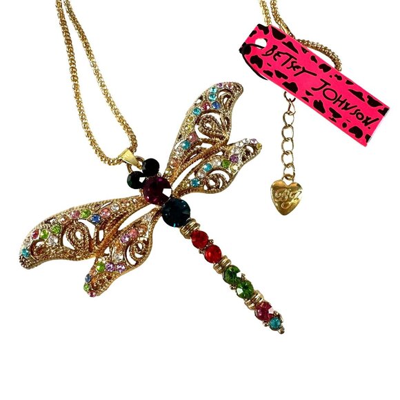 Betsey Johnson Multicolor Crystal Dragonfly Pendant Necklace Gold-Tone Chain - Picture 1 of 2
